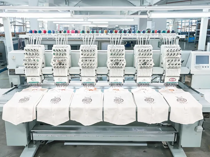 Six-head embroidery line producing matched garment panels